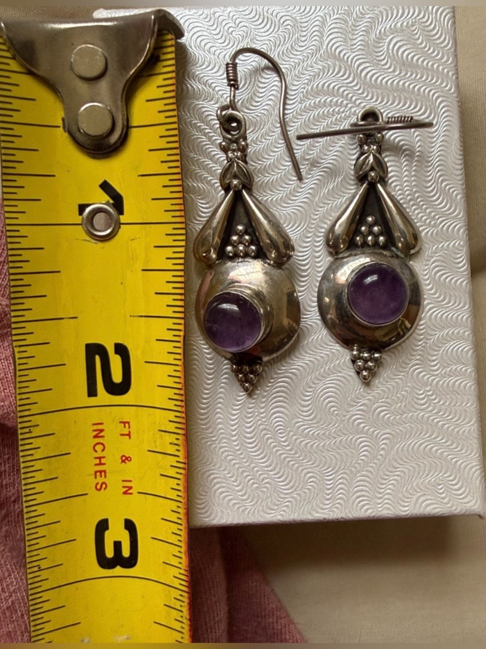 Sterling Silver Amethyst Drop Earrings boho old world - Picture 3 of 3